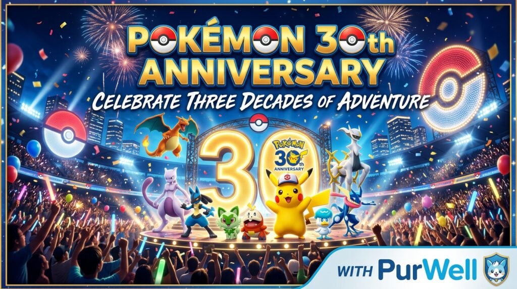Pokemon 30th Anniversary blog tile, Pokémon 30th Anniversary: Celebrate Three Decades of Adventure With PurWell, cbd, cannabis, ecs, endocannabiniod system, cbd health, cannabis, cbd, skincare, cbd skincare, natural skincare, cbd oil, cbd lotion, cbd cream, cannabis, skin care, natural skin care, cannabis skin care, cbd, cbd skincare, natural pain relief, natural relief, pain relief, pain management, cannabis, cbd, nature, thc, healthy, natural supplements, sleep aid, natural sleep, anxiety relief