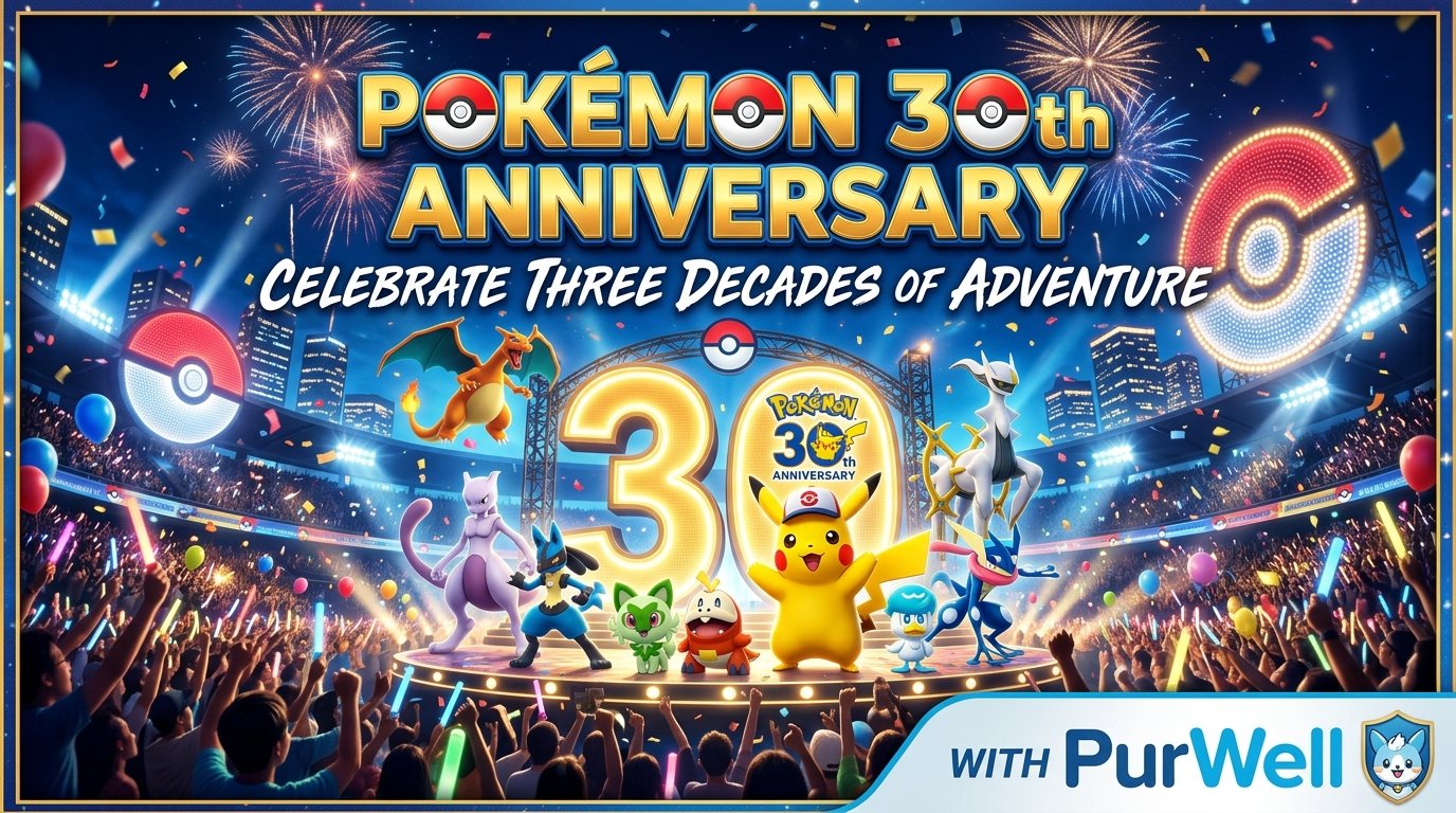 Pokemon 30th Anniversary blog tile, Pokémon 30th Anniversary: Celebrate Three Decades of Adventure With PurWell, cbd, cannabis, ecs, endocannabiniod system, cbd health, cannabis, cbd, skincare, cbd skincare, natural skincare, cbd oil, cbd lotion, cbd cream, cannabis, skin care, natural skin care, cannabis skin care, cbd, cbd skincare, natural pain relief, natural relief, pain relief, pain management, cannabis, cbd, nature, thc, healthy, natural supplements, sleep aid, natural sleep, anxiety relief